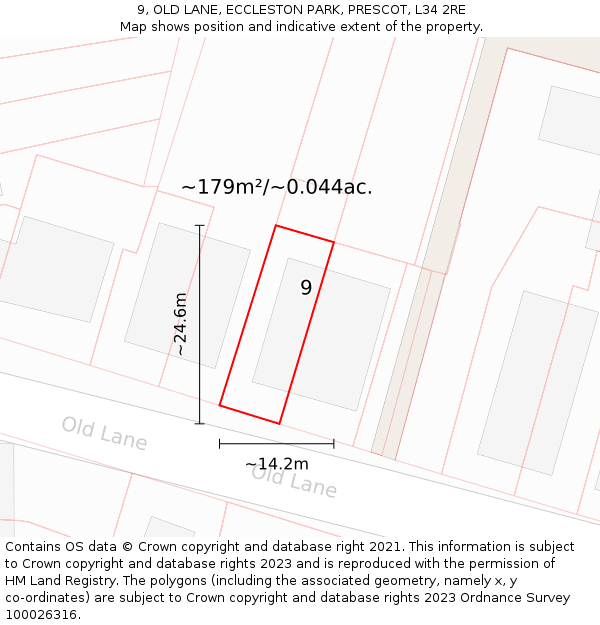 9, OLD LANE, ECCLESTON PARK, PRESCOT, L34 2RE: Plot and title map