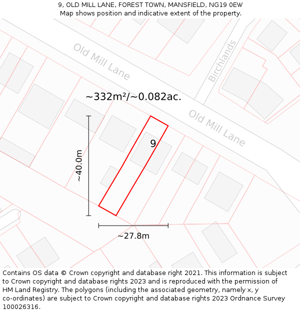 9, OLD MILL LANE, FOREST TOWN, MANSFIELD, NG19 0EW: Plot and title map