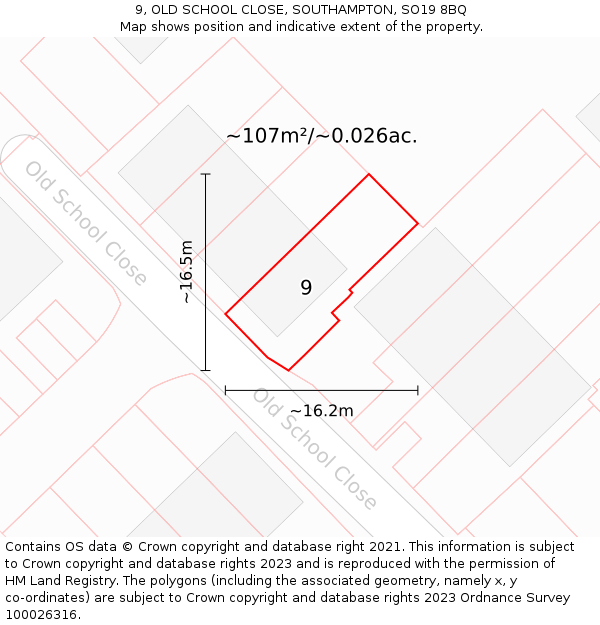 9, OLD SCHOOL CLOSE, SOUTHAMPTON, SO19 8BQ: Plot and title map