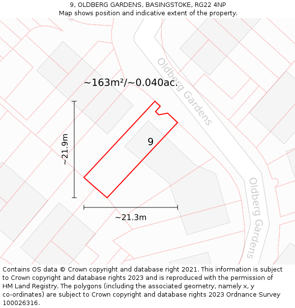 9, OLDBERG GARDENS, BASINGSTOKE, RG22 4NP: Plot and title map
