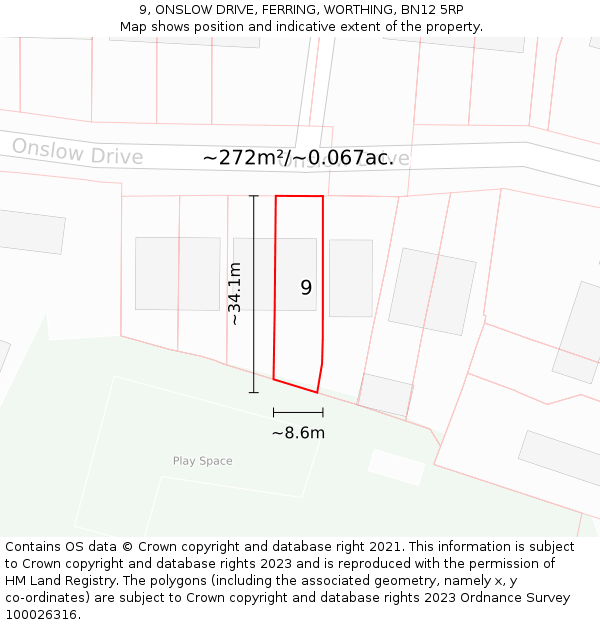 9, ONSLOW DRIVE, FERRING, WORTHING, BN12 5RP: Plot and title map