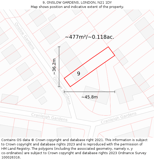 9, ONSLOW GARDENS, LONDON, N21 1DY: Plot and title map