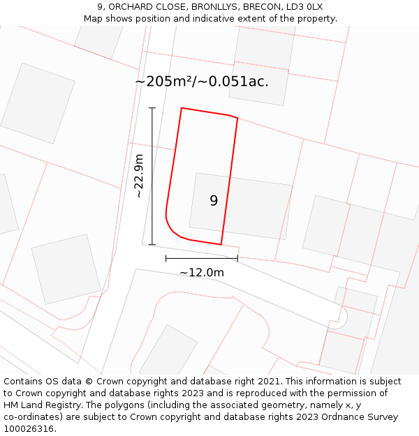9, ORCHARD CLOSE, BRONLLYS, BRECON, LD3 0LX: Plot and title map