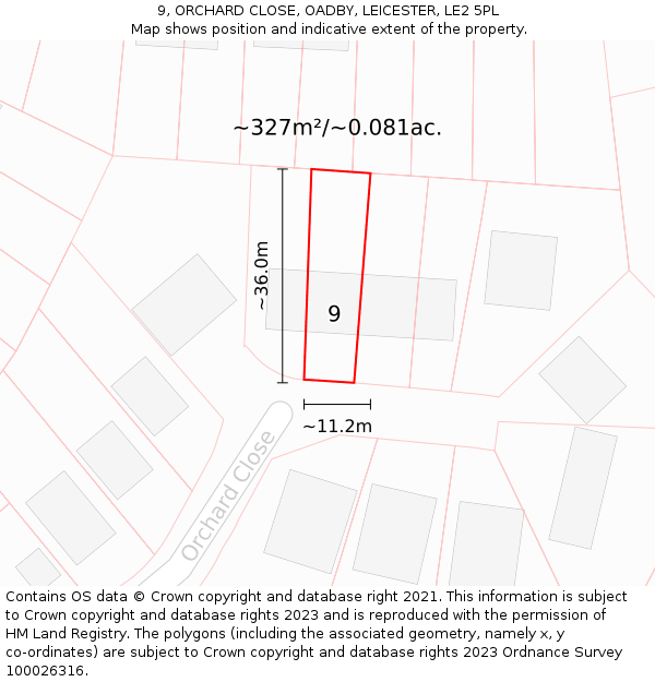 9, ORCHARD CLOSE, OADBY, LEICESTER, LE2 5PL: Plot and title map