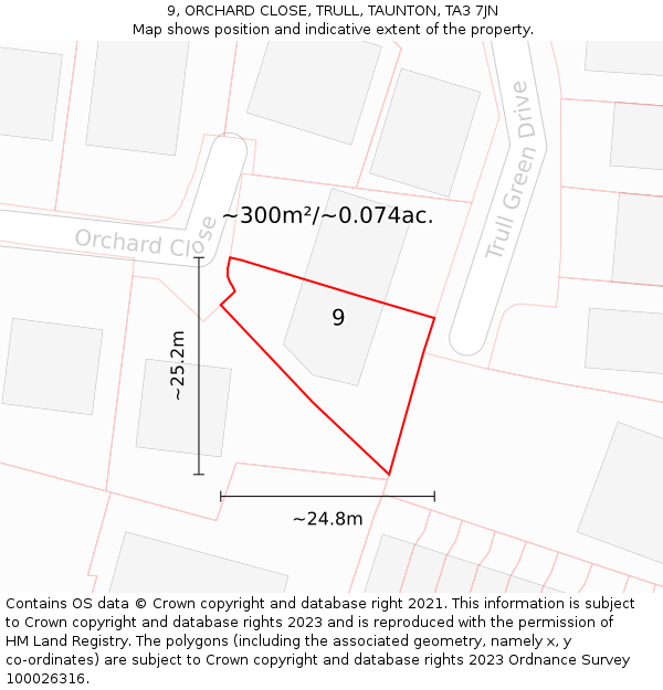 9, ORCHARD CLOSE, TRULL, TAUNTON, TA3 7JN: Plot and title map