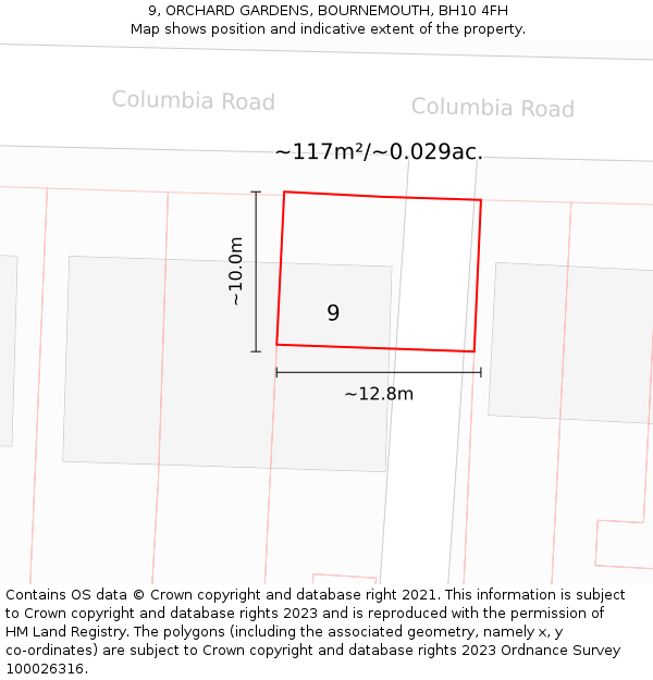 9, ORCHARD GARDENS, BOURNEMOUTH, BH10 4FH: Plot and title map
