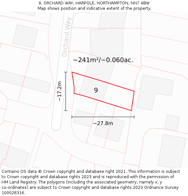 9, ORCHARD WAY, HARPOLE, NORTHAMPTON, NN7 4BW: Plot and title map