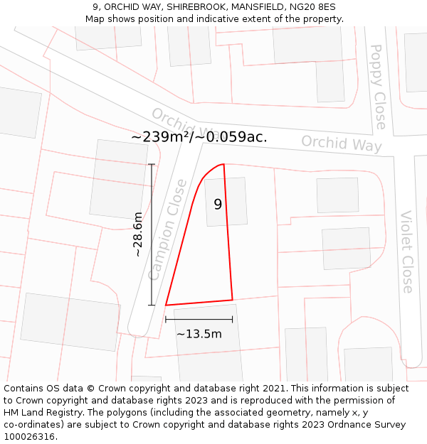 9, ORCHID WAY, SHIREBROOK, MANSFIELD, NG20 8ES: Plot and title map