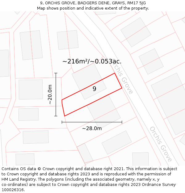 9, ORCHIS GROVE, BADGERS DENE, GRAYS, RM17 5JG: Plot and title map