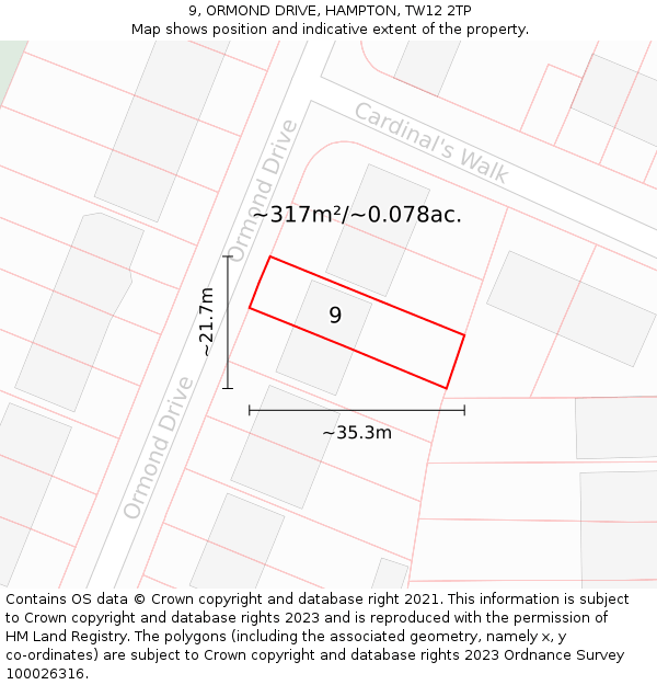 9, ORMOND DRIVE, HAMPTON, TW12 2TP: Plot and title map