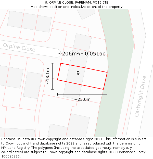 9, ORPINE CLOSE, FAREHAM, PO15 5TE: Plot and title map