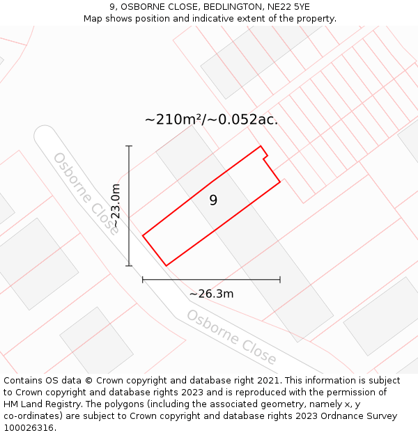 9, OSBORNE CLOSE, BEDLINGTON, NE22 5YE: Plot and title map