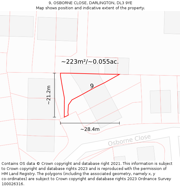 9, OSBORNE CLOSE, DARLINGTON, DL3 9YE: Plot and title map