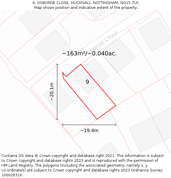 9, OSBORNE CLOSE, HUCKNALL, NOTTINGHAM, NG15 7UY: Plot and title map