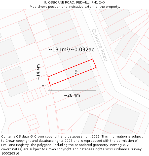 9, OSBORNE ROAD, REDHILL, RH1 2HX: Plot and title map