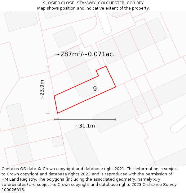 9, OSIER CLOSE, STANWAY, COLCHESTER, CO3 0PY: Plot and title map