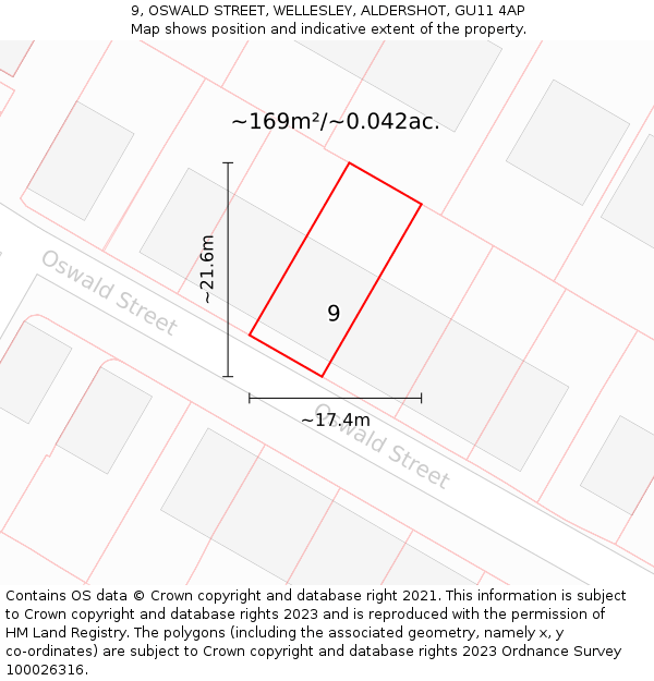 9, OSWALD STREET, WELLESLEY, ALDERSHOT, GU11 4AP: Plot and title map