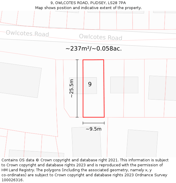 9, OWLCOTES ROAD, PUDSEY, LS28 7PA: Plot and title map