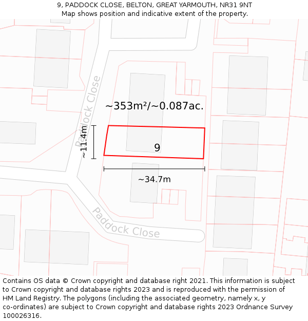 9, PADDOCK CLOSE, BELTON, GREAT YARMOUTH, NR31 9NT: Plot and title map