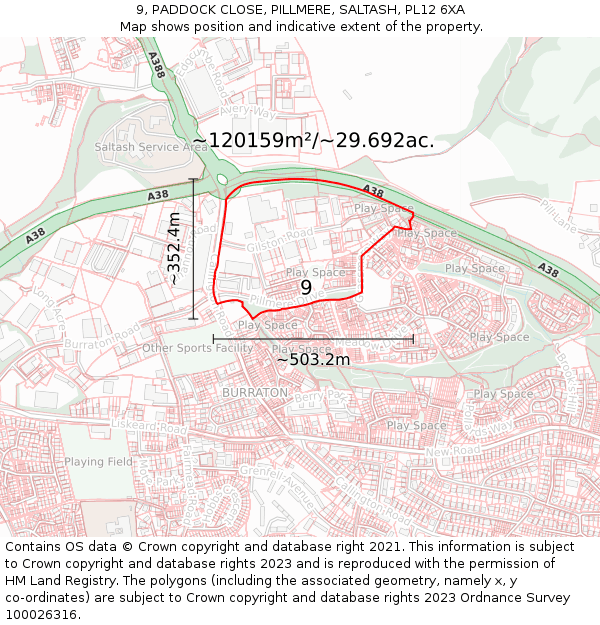 9, PADDOCK CLOSE, PILLMERE, SALTASH, PL12 6XA: Plot and title map
