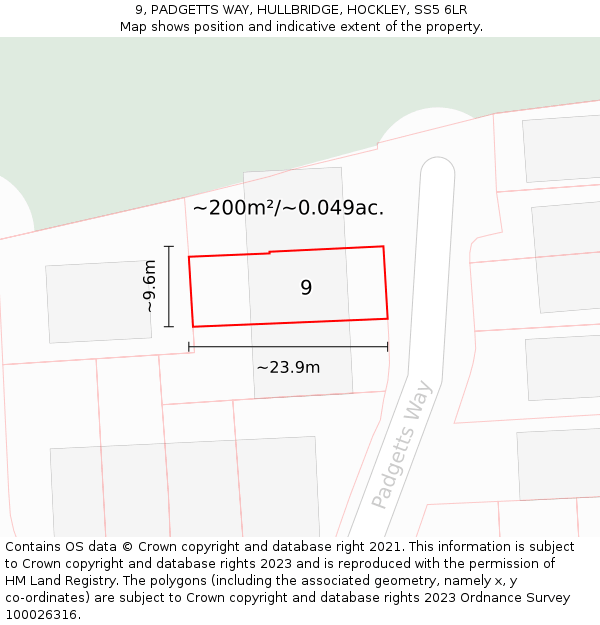 9, PADGETTS WAY, HULLBRIDGE, HOCKLEY, SS5 6LR: Plot and title map
