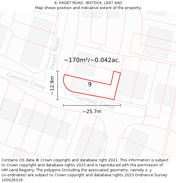 9, PAGET ROAD, IBSTOCK, LE67 6AD: Plot and title map