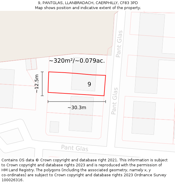 9, PANTGLAS, LLANBRADACH, CAERPHILLY, CF83 3PD: Plot and title map