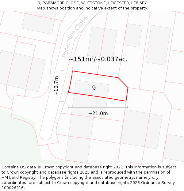 9, PARAMORE CLOSE, WHETSTONE, LEICESTER, LE8 6EY: Plot and title map