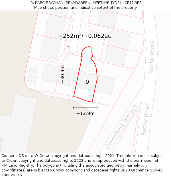 9, PARC BRYCHAN, PENYDARREN, MERTHYR TYDFIL, CF47 9EF: Plot and title map