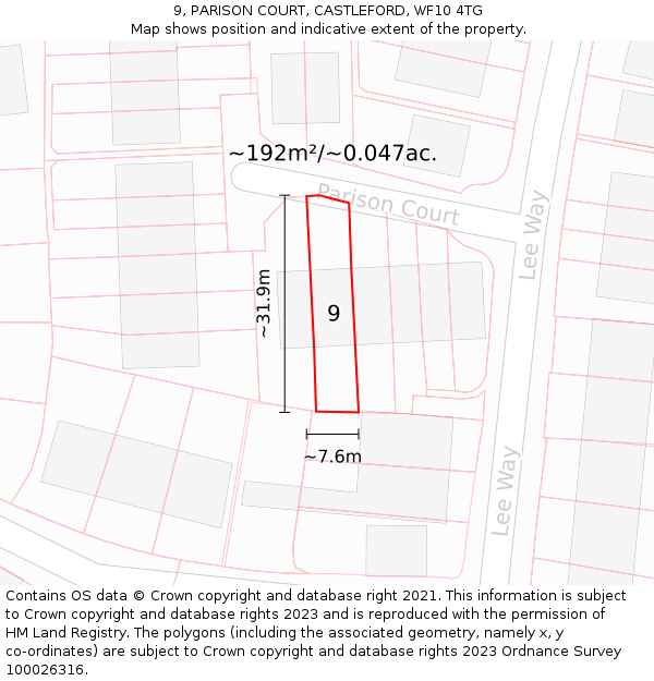 9, PARISON COURT, CASTLEFORD, WF10 4TG: Plot and title map