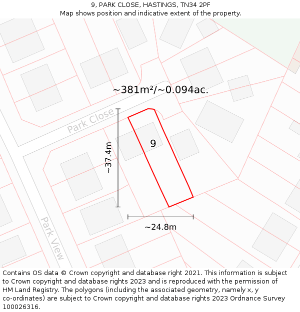 9, PARK CLOSE, HASTINGS, TN34 2PF: Plot and title map