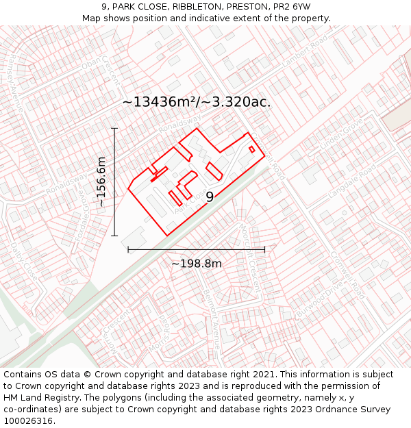 9, PARK CLOSE, RIBBLETON, PRESTON, PR2 6YW: Plot and title map