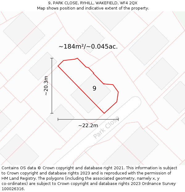 9, PARK CLOSE, RYHILL, WAKEFIELD, WF4 2QX: Plot and title map
