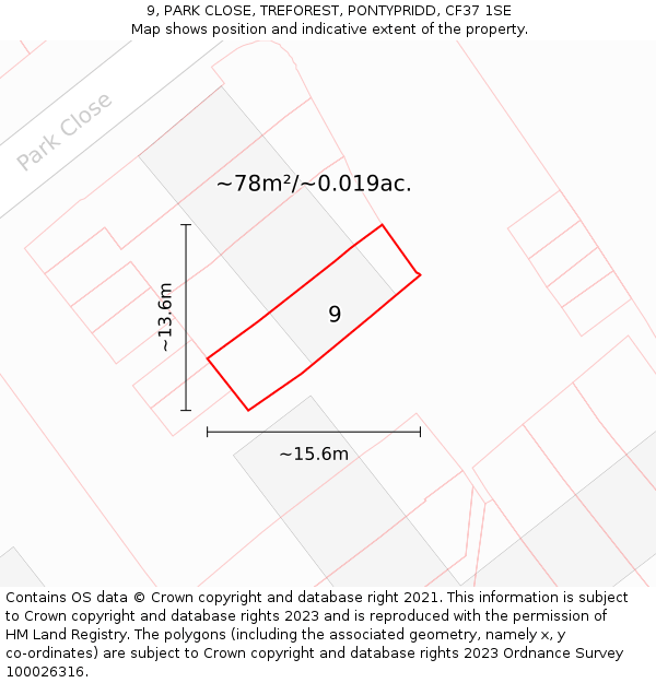 9, PARK CLOSE, TREFOREST, PONTYPRIDD, CF37 1SE: Plot and title map