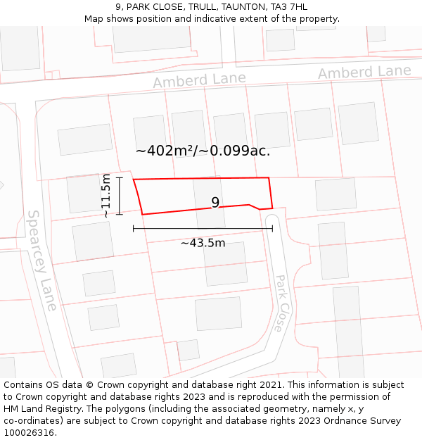 9, PARK CLOSE, TRULL, TAUNTON, TA3 7HL: Plot and title map
