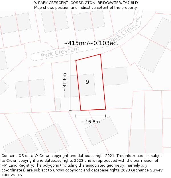 9, PARK CRESCENT, COSSINGTON, BRIDGWATER, TA7 8LD: Plot and title map