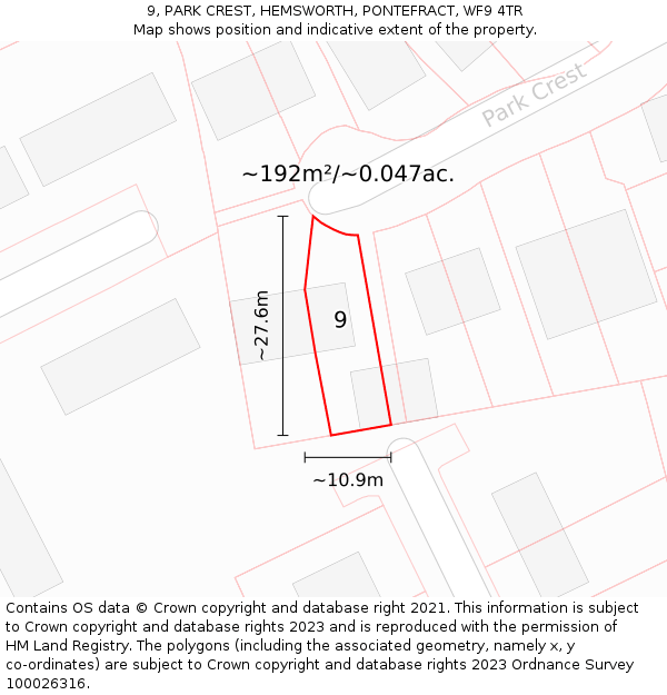 9, PARK CREST, HEMSWORTH, PONTEFRACT, WF9 4TR: Plot and title map