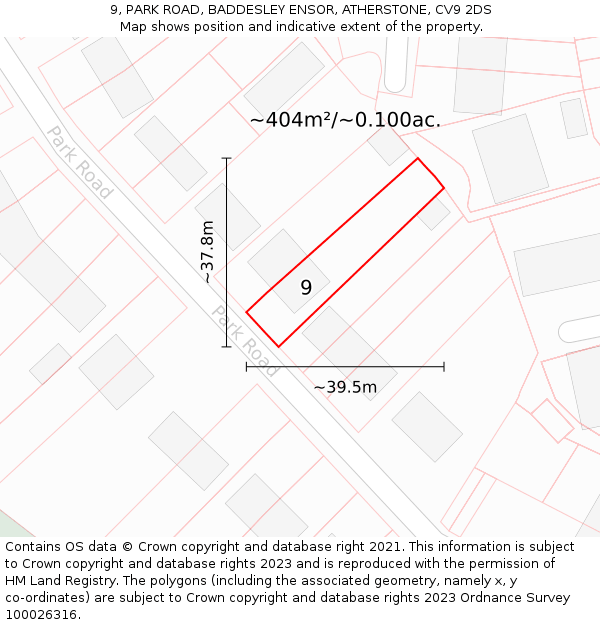 9, PARK ROAD, BADDESLEY ENSOR, ATHERSTONE, CV9 2DS: Plot and title map