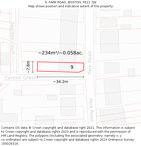 9, PARK ROAD, BOSTON, PE21 7JW: Plot and title map