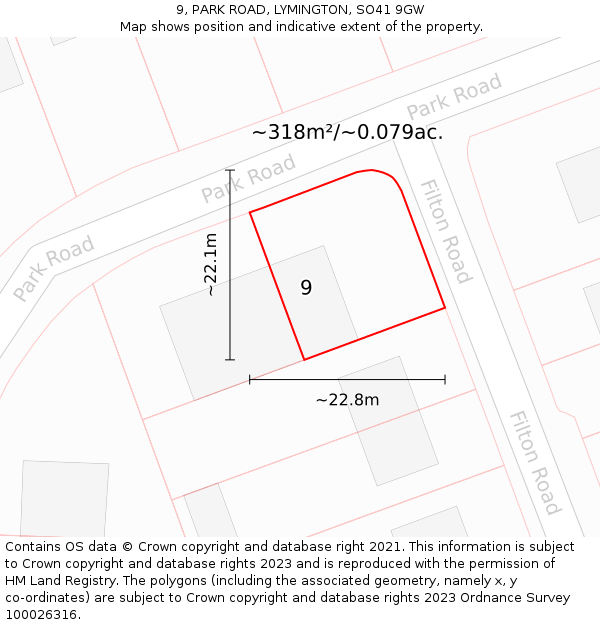 9, PARK ROAD, LYMINGTON, SO41 9GW: Plot and title map