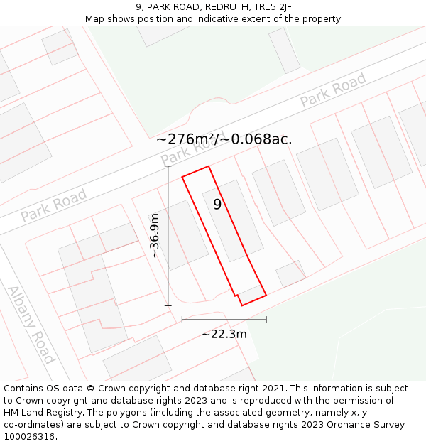 9, PARK ROAD, REDRUTH, TR15 2JF: Plot and title map