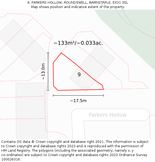 9, PARKERS HOLLOW, ROUNDSWELL, BARNSTAPLE, EX31 3SL: Plot and title map