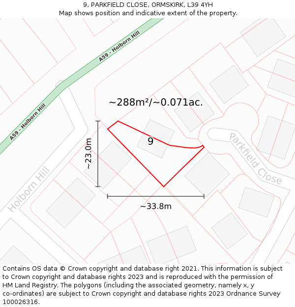 9, PARKFIELD CLOSE, ORMSKIRK, L39 4YH: Plot and title map