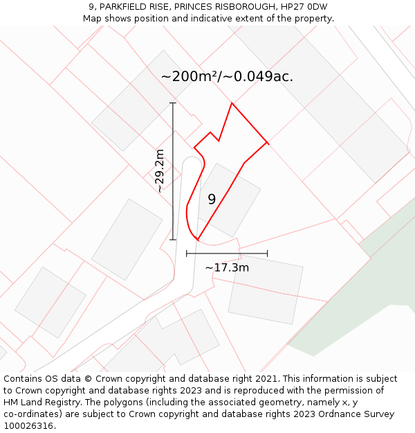 9, PARKFIELD RISE, PRINCES RISBOROUGH, HP27 0DW: Plot and title map