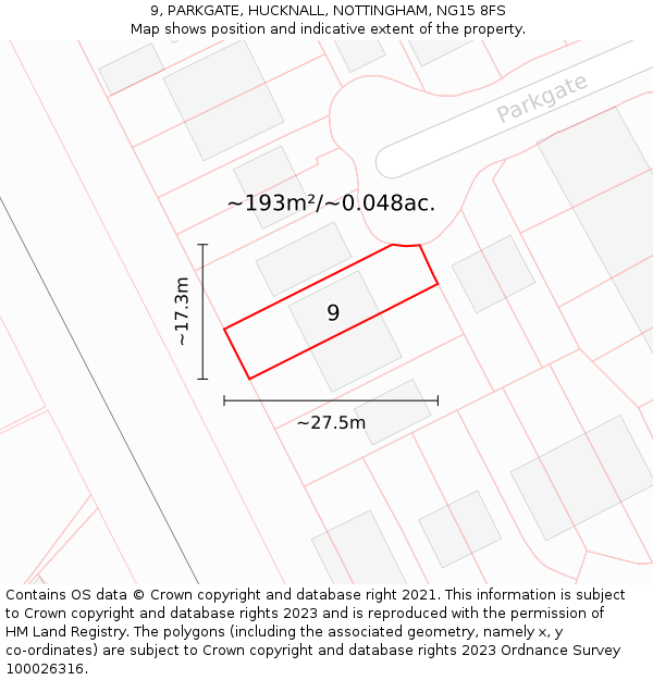 9, PARKGATE, HUCKNALL, NOTTINGHAM, NG15 8FS: Plot and title map