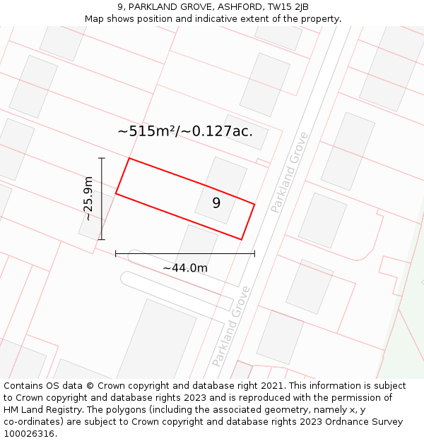 9, PARKLAND GROVE, ASHFORD, TW15 2JB: Plot and title map