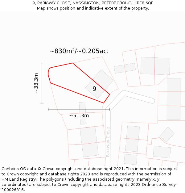 9, PARKWAY CLOSE, NASSINGTON, PETERBOROUGH, PE8 6QF: Plot and title map
