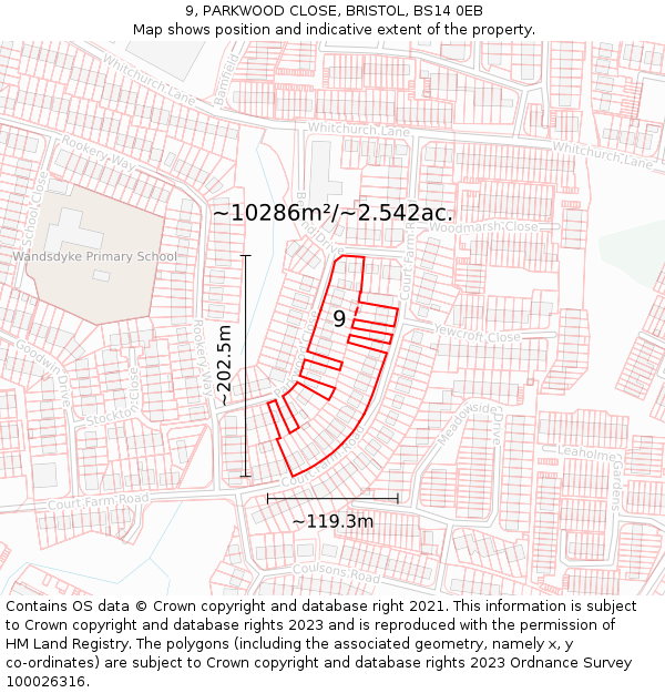 9, PARKWOOD CLOSE, BRISTOL, BS14 0EB: Plot and title map