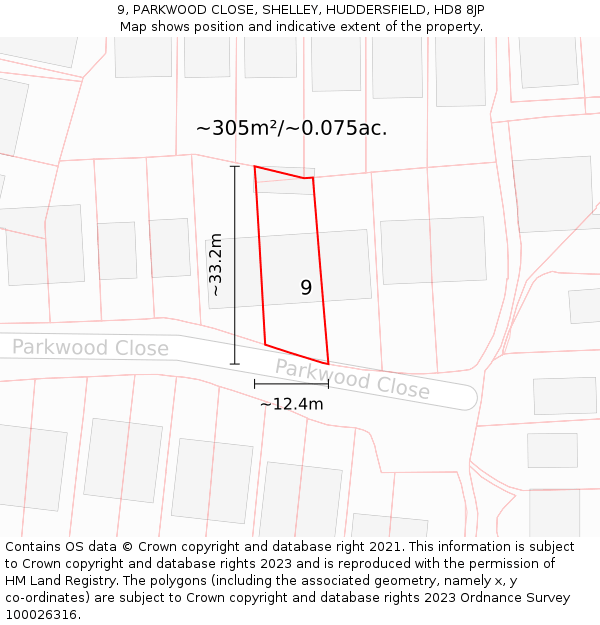 9, PARKWOOD CLOSE, SHELLEY, HUDDERSFIELD, HD8 8JP: Plot and title map