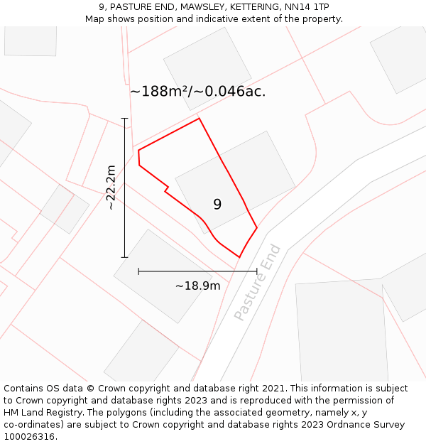 9, PASTURE END, MAWSLEY, KETTERING, NN14 1TP: Plot and title map